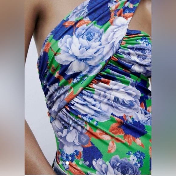 NWT ZARA One-Shoulder Floral Bodysuit, Blue, M - Picture 1 of 2
